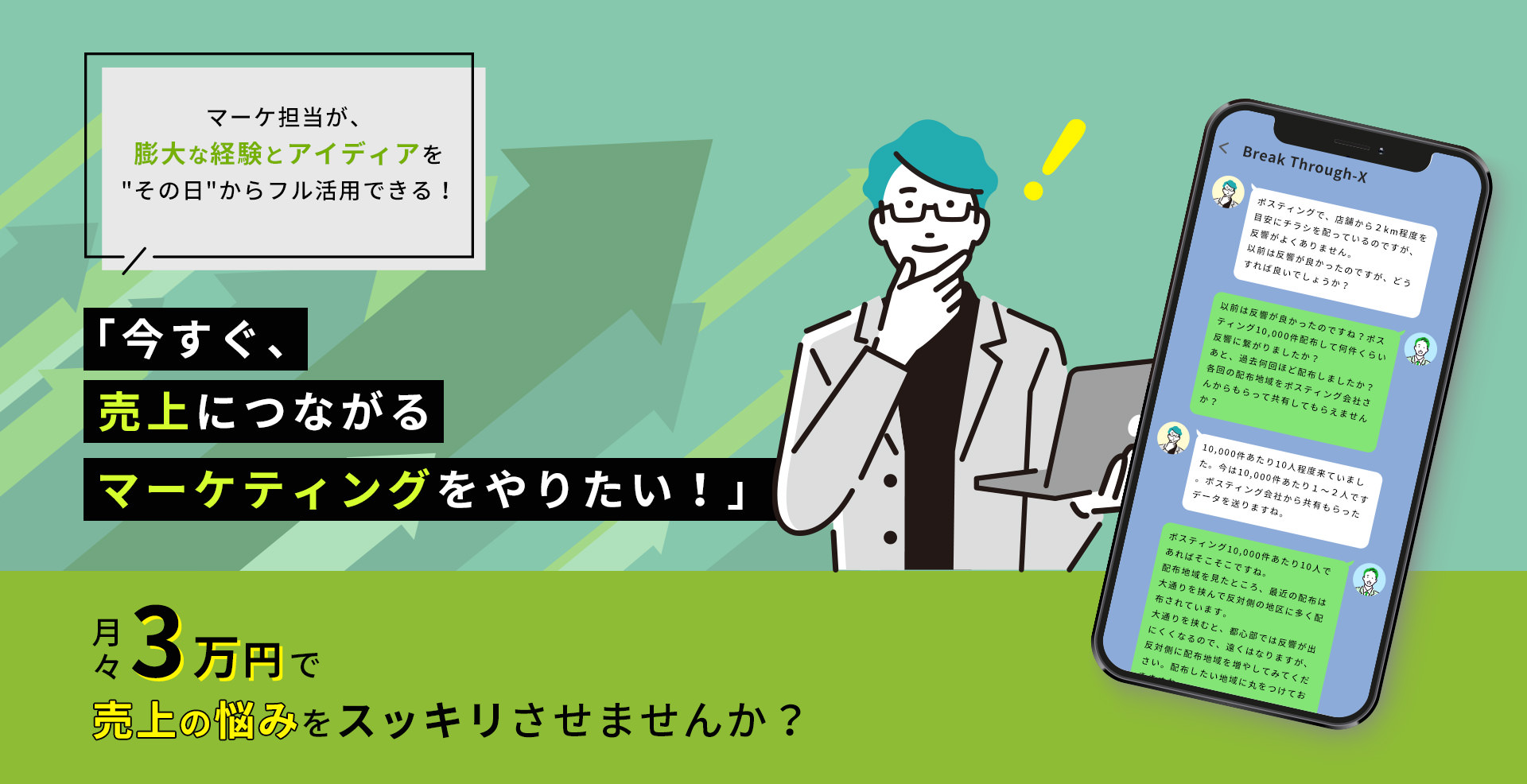 「今すぐ、売上につながるマーケティングをやりたい！」月々3万円で、売上の悩みをスッキリさせませんか？